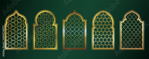 Golden amadan windows. Islamic door frames with ornament. Arabic mosque arch on green background. Islamic vector decoration