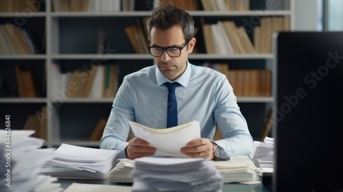 Portrait of a male accountant at a bustling accounting firm meticulously examining financial records and ensuring precision in every calculation