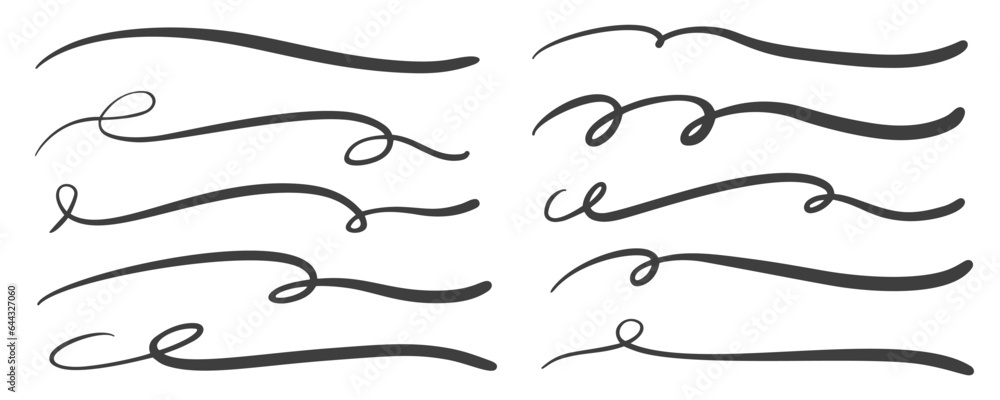 Swashes swoops and swishes calligraphy signs. Underlines hand drawn strokes. Vector symbols set.