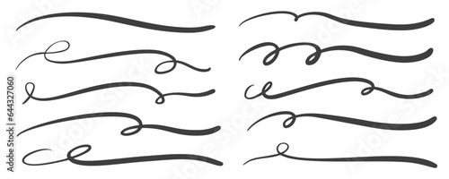 Swashes swoops and swishes calligraphy signs. Underlines hand drawn strokes. Vector symbols set.