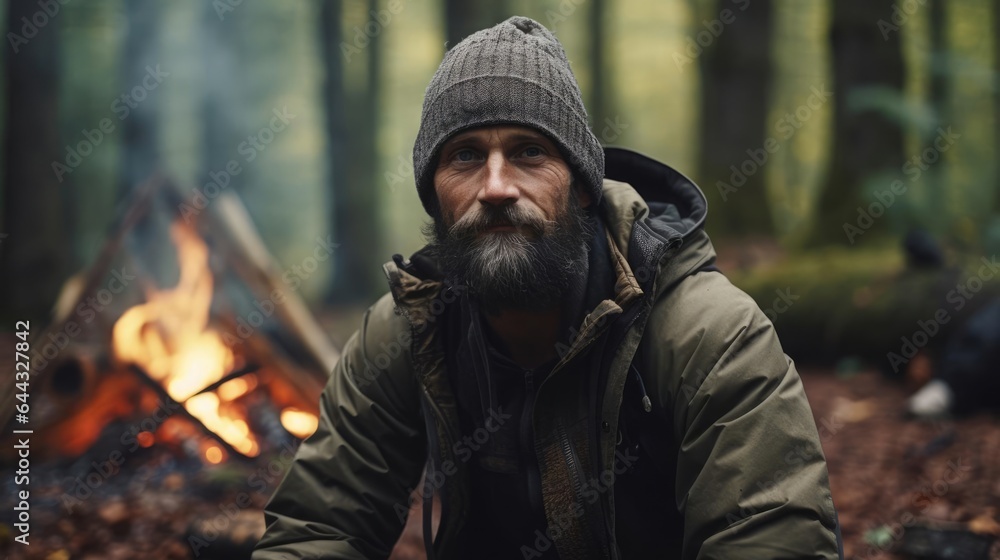 Portrait of a male bushcraft instructor in a pristine wilderness setting teaching essential survival skills