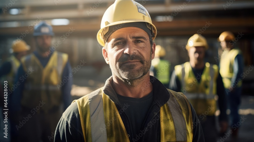 Portrait of a male construction worker at a bustling construction site operating heavy machinery and coordinating with his team Portrait of a male construction worker at a bustling construction site operating heavy machinery and coordinating with his team