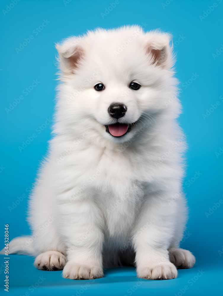 Samoyed Puppy Dog smiling happy isolated on blue background Samoyed Puppy Dog smiling happy isolated on blue background