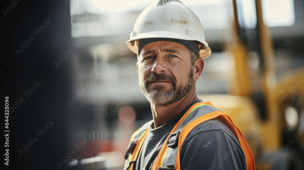 Portrait of a male construction worker at a bustling construction site operating heavy machinery and coordinating with his team Portrait of a male construction worker at a bustling construction site operating heavy machinery and coordinating with his team