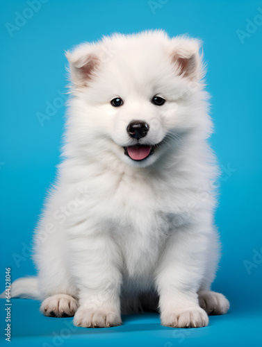 Samoyed Puppy Dog smiling happy isolated on blue background  © YasumiHouse