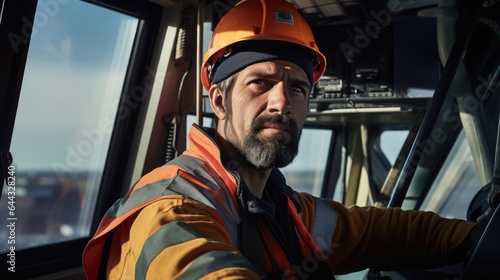 Portrait of a male crane operator in the operator's cabin of a towering construction crane skillfully hoisting heavy materials