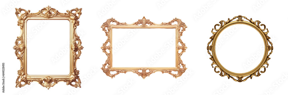 Gold framed artwork mirrors or photos isolated transparent background