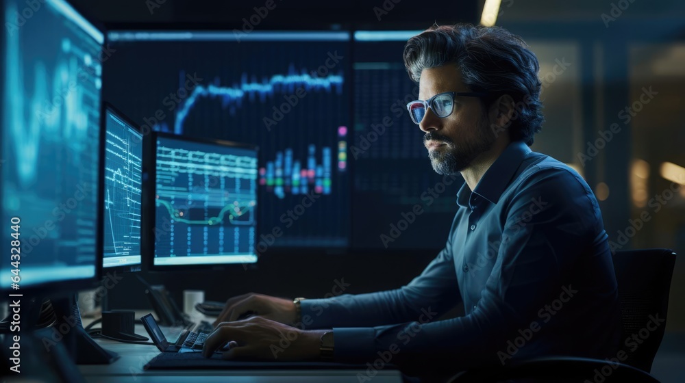 Portrait of a male data analyst at a dynamic tech company diving into complex datasets Portrait of a male data analyst at a dynamic tech company diving into complex datasets
