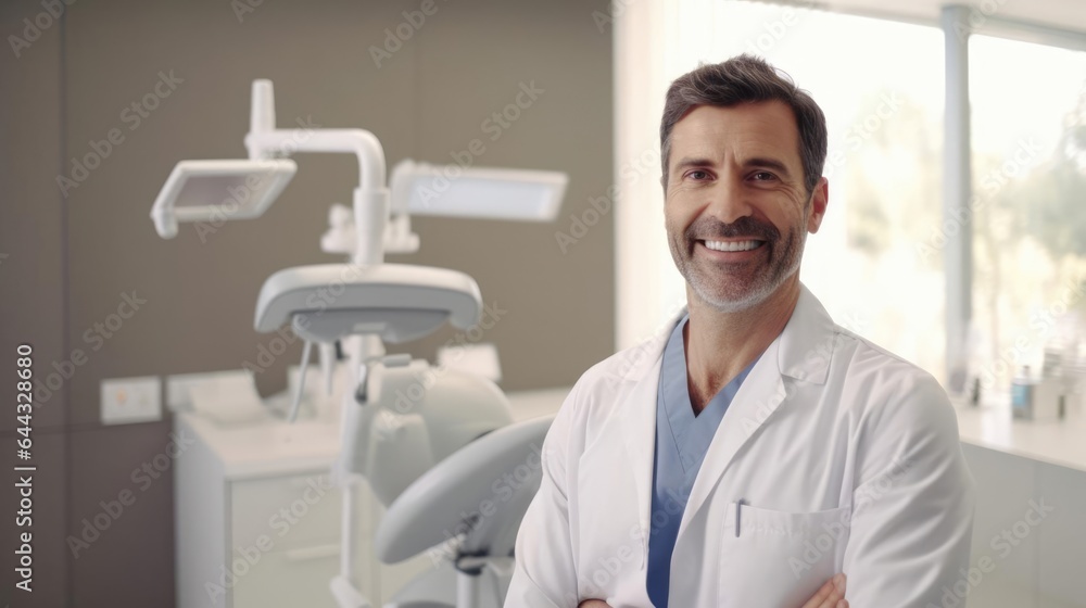 Portrait of a male dentist in his modern dental clinic skillfully performing dental procedures Portrait of a male dentist in his modern dental clinic skillfully performing dental procedures