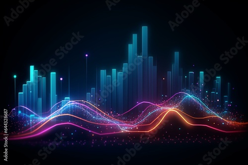 Colorful abstract graph with wavy lines and blurred dots. Technology wireframe representing virtual space, big data, business, science, and technology. Generative AI
