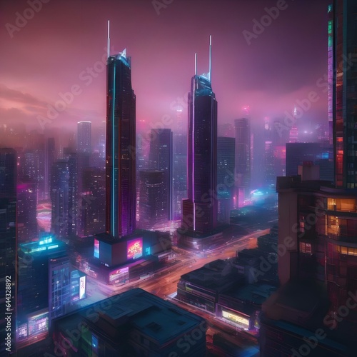 A neon-lit cityscape with towering skyscrapers and bustling streets3 photo