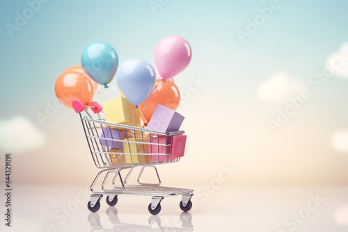 3d generated gift on the shopping cart and colorful balloon.online shopping and black friday concept.Created with Generative AI technology.