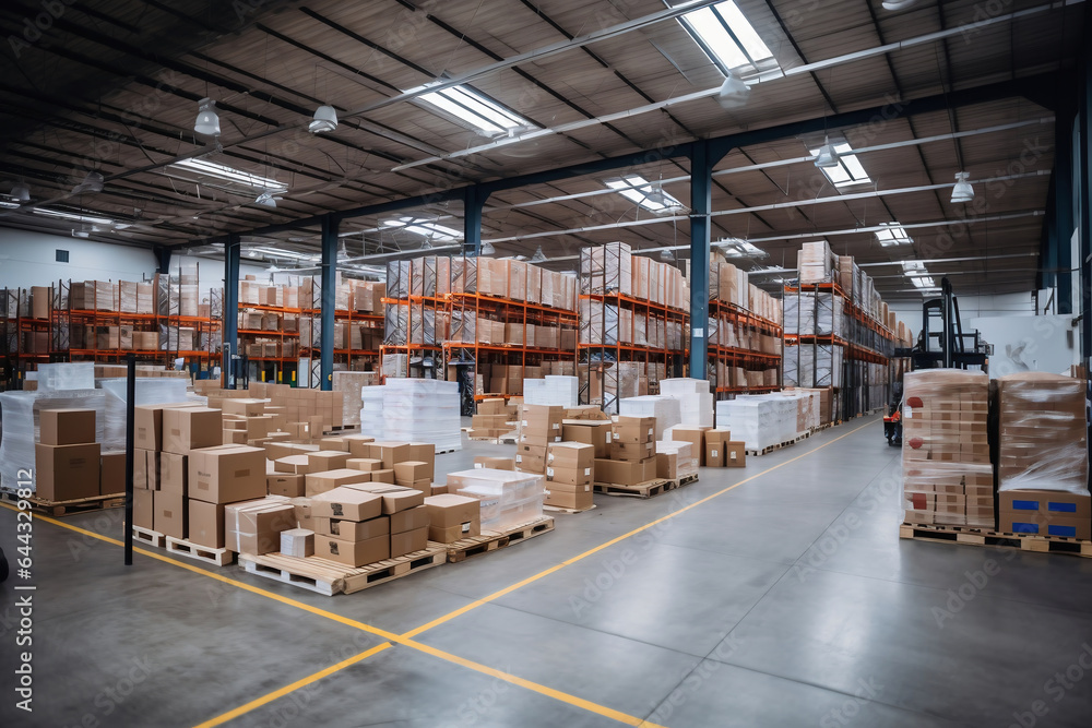A huge warehouse filled with neatly stacked boxes. Interior of a modern warehouse. Large space for storing and moving goods. logistics. Trade in the modern world. A huge warehouse filled with neatly stacked boxes. Interior of a modern warehouse. Large space for storing and moving goods. logistics. Trade in the modern world.