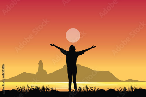 Vector illustration of a joyful woman with outstretched arms, set against a picturesque sunset backdrop. Success and serenity concept. Girl Celebrating happiness and achievement.
