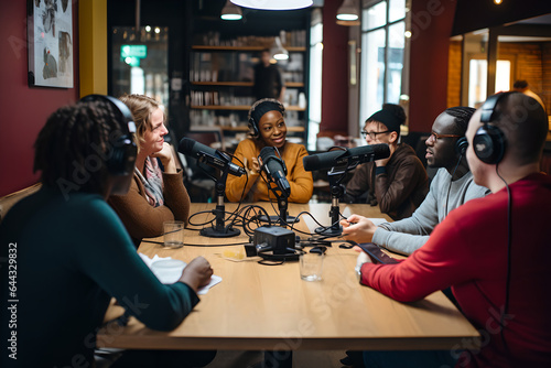 Group of people in the podcast studio talking and recording