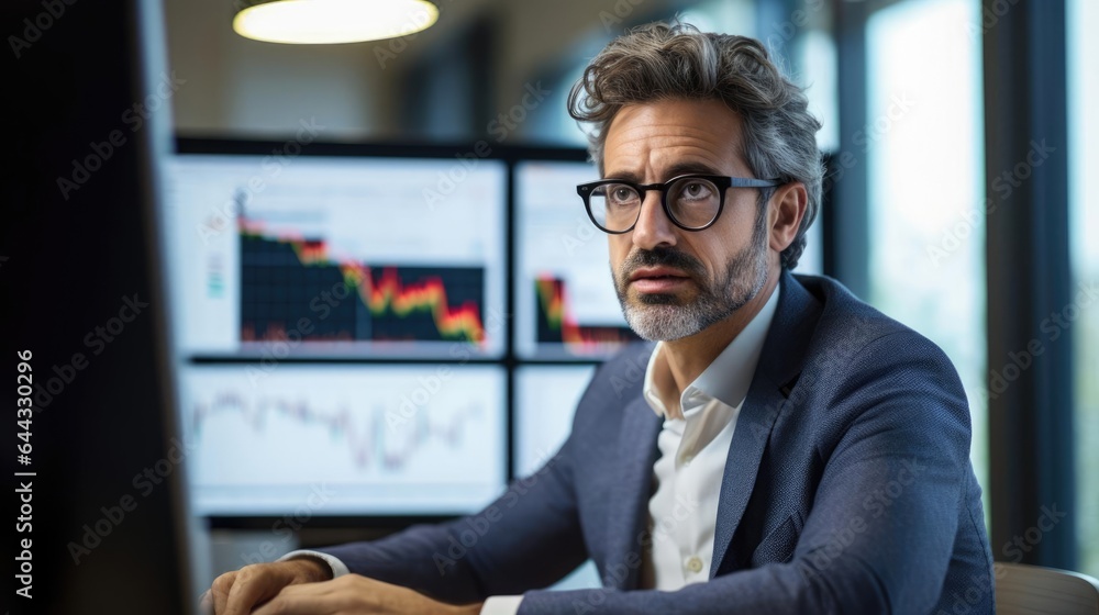 Portrait of a male financial analyst in a quiet office studying market trends and economic indicators Portrait of a male financial analyst in a quiet office studying market trends and economic indicators