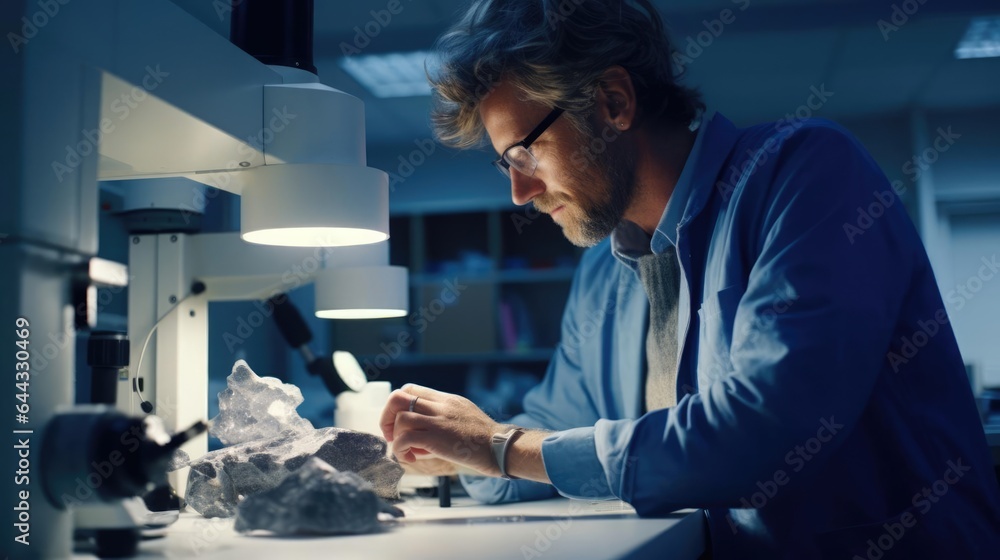 Portrait of a male geologist in a geology lab analyzing rock samples - obrazy, fototapety, plakaty 