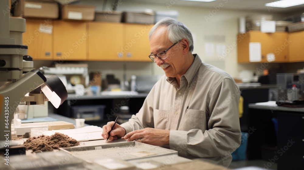 Portrait of a male geologist in a geology lab analyzing rock samples Portrait of a male geologist in a geology lab analyzing rock samples