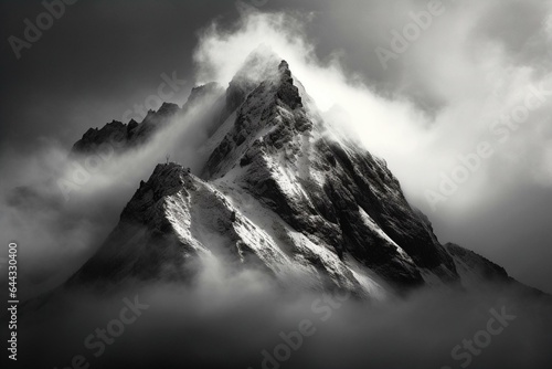 Captivating black and white image of mist-covered summit illuminated by mountaintop light. Generative AI