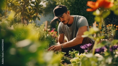 Portrait of a male gardener in a lush botanical garden tending to vibrant flower beds