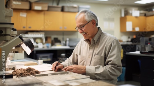 Portrait of a male geologist in a geology lab analyzing rock samples