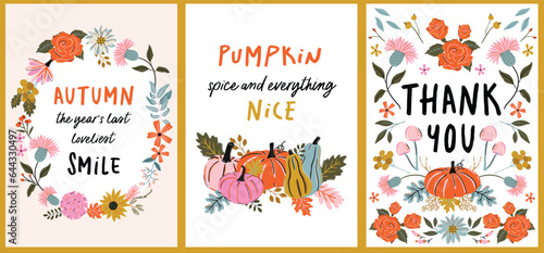Autumn poster set with colorful leaves and floral, pumpkin elements in abstract bright colors. Template for greetings cards art prints, flyers, banners, invitations, promotions and more.