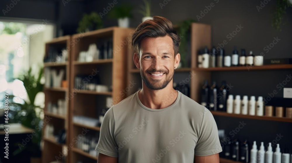 Portrait of a male hairdresser in his cozy home-based salon nurturing a loyal clientele Portrait of a male hairdresser in his cozy home-based salon nurturing a loyal clientele