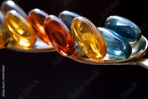 Close-up image of a spoon with oil capsules containing fish oil, vitamins A, D, D3, E, and omegas 3, 6, and 9. Generative AI