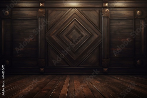 Flooring made of dark wood planks, creating a rich and sophisticated background. Generative AI