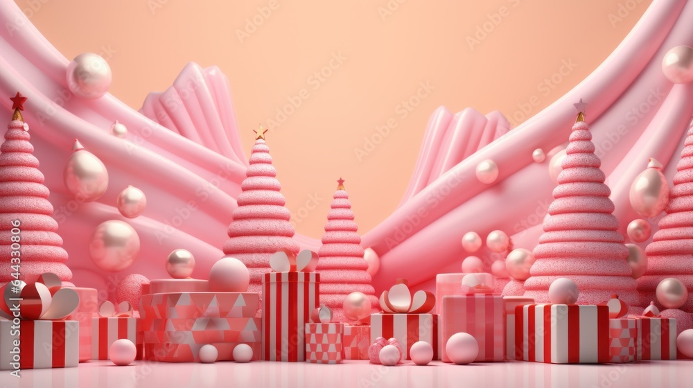Pink theme. Christmas banner with Christmas decorations, Place for text , snowflake, sparkling bokeh, balls, gift boxs , snow holiday card template, Realistic photo. generativeAI
