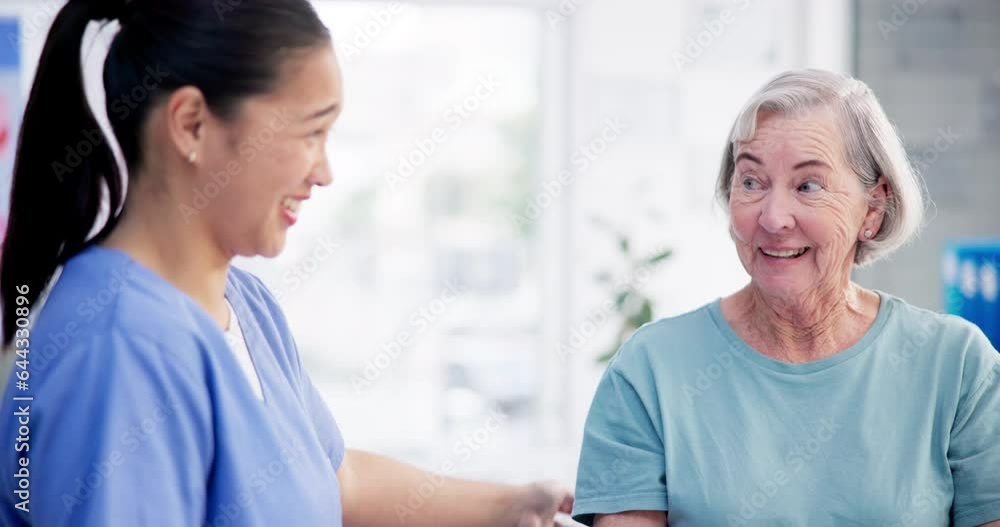Nurse, healthcare and senior woman in wheelchair at hospital for disability, physiotherapy and support. Physical therapy, caregiver and elderly person in conversation for medical wellness and help Nurse, healthcare and senior woman in wheelchair at hospital for disability, physiotherapy and support. Physical therapy, caregiver and elderly person in conversation for medical wellness and help