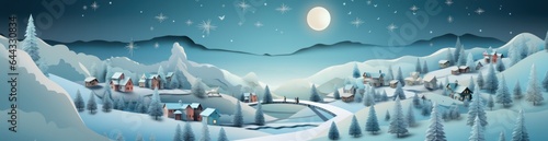 Blue Christmas banner with snowy moonlight view of pine trees  mountains  and charming lit-up houses. Magical and enchanting. AI generative