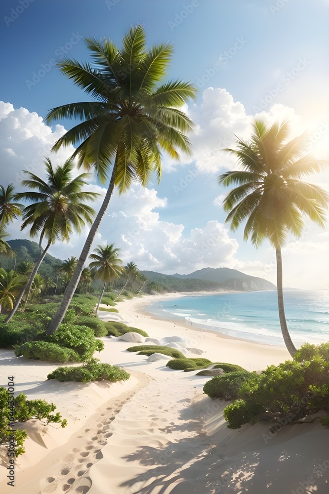 Obraz premium palm trees on the beach, beach, coconut trees, beautiful view, sky, sun 
