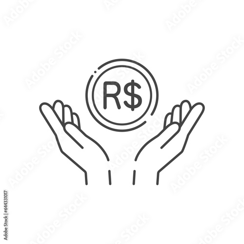 R$の記号入りのコインと人の手のアイコン- ブラジルのお金･レアルのイメージ

