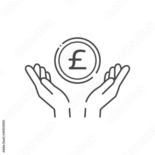 £の文字が入ったシンプルなコインと人の手のアイコン- イギリスなどの通貨･ポンドのイメージ

