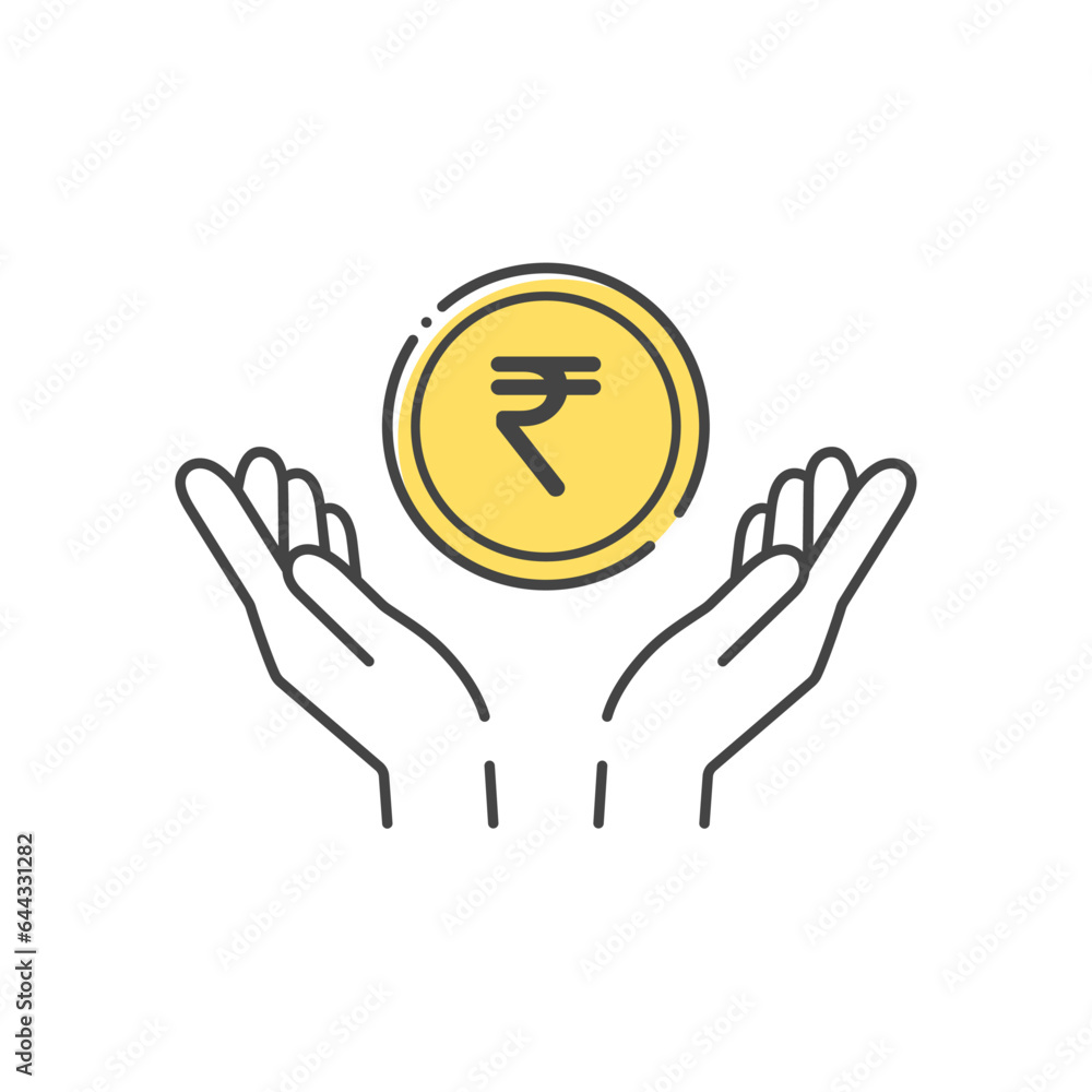 Obraz premium ₹の文字が入ったシンプルなコインと人の手のアイコン - インドのお金･ルピー･Indian Rupee 