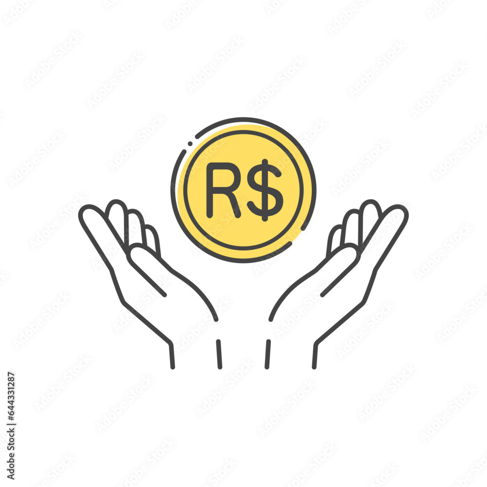 R$の記号入りのコインと人の手のアイコン- ブラジルのお金・レアルのイメージ
R$の記号入りのコインと人の手のアイコン- ブラジルのお金・レアルのイメージ