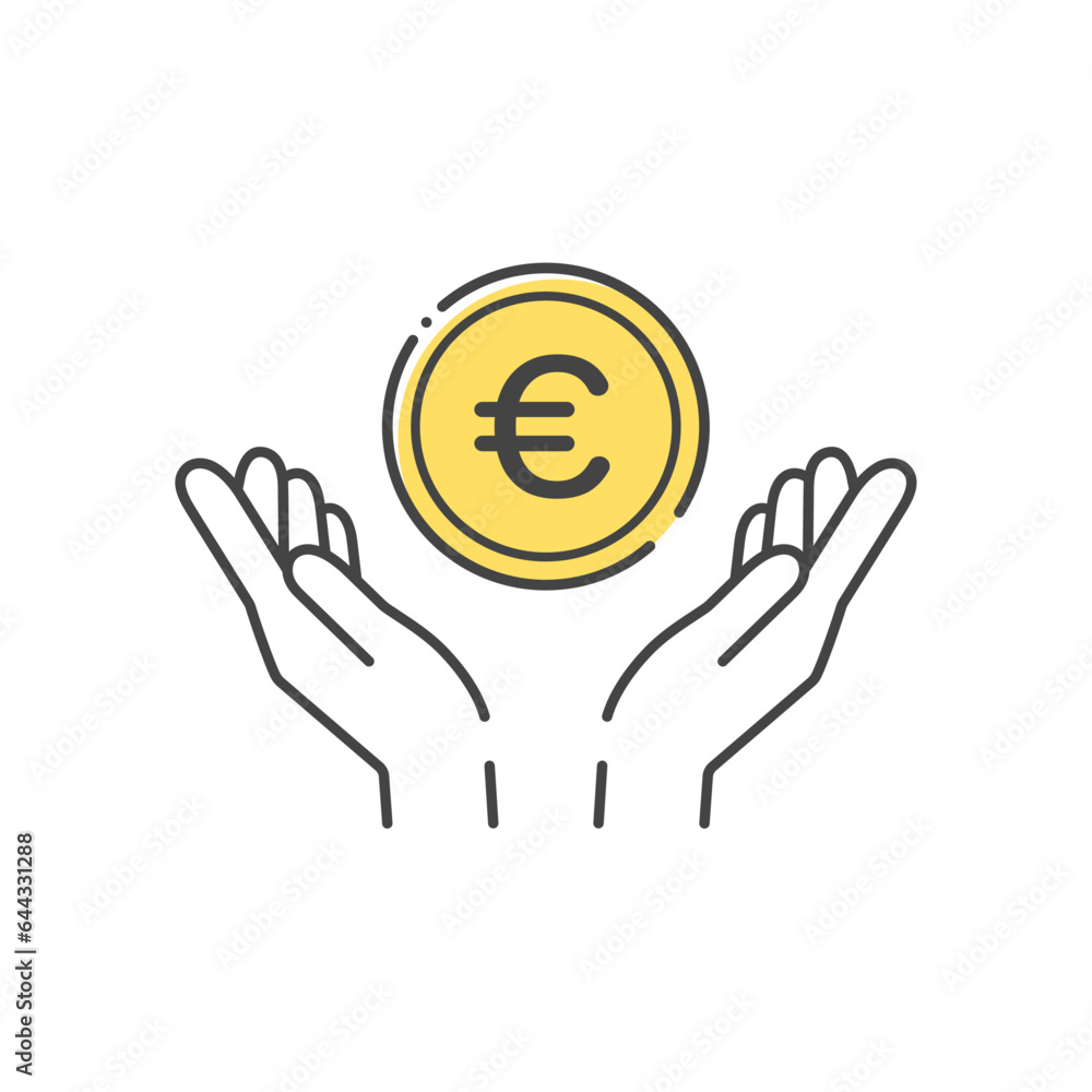 €の文字が入ったシンプルなコインと人の手のアイコン- ヨーロッパ諸国の通貨･ユーロのイメージ
