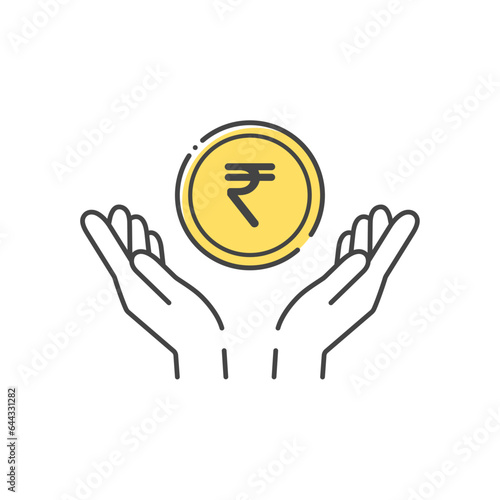 ₹の文字が入ったシンプルなコインと人の手のアイコン - インドのお金･ルピー･Indian Rupee
