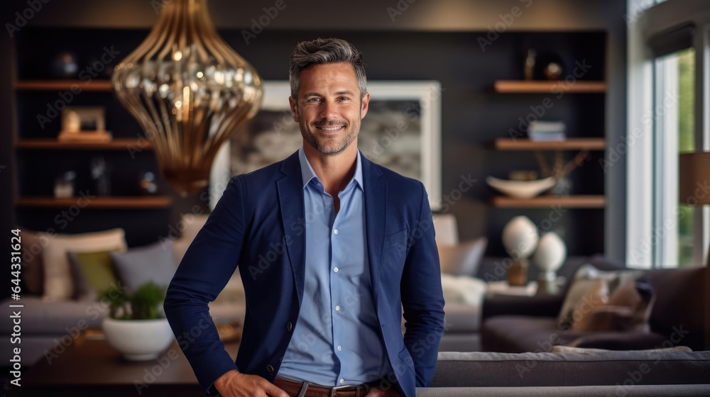Portrait of a male interior designer at a client's home orchestrating the perfect blend of colors and furnishings Portrait of a male interior designer at a client's home orchestrating the perfect blend of colors and furnishings