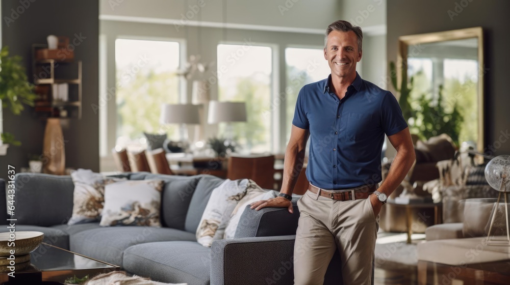 Portrait of a male interior designer at a client's home orchestrating the perfect blend of colors and furnishings Portrait of a male interior designer at a client's home orchestrating the perfect blend of colors and furnishings