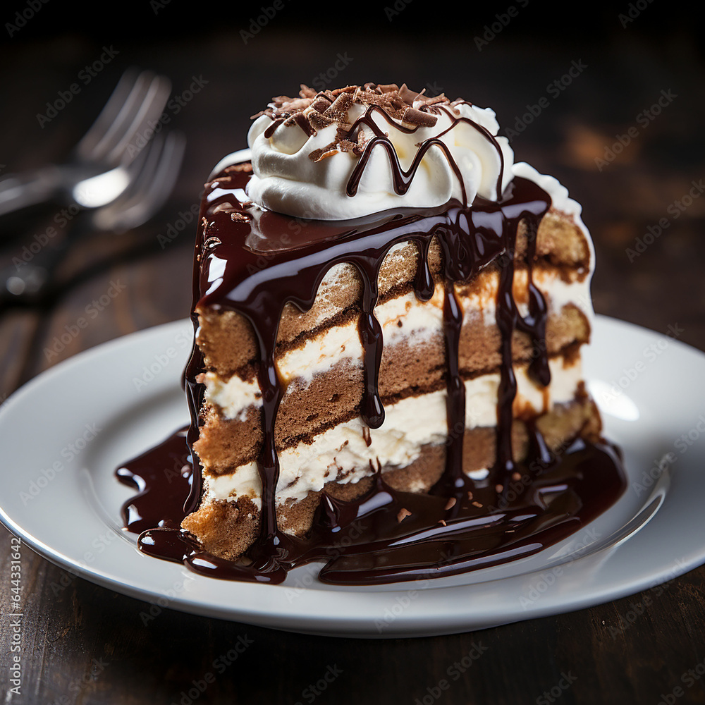 Chocolate cake with cream layers with chocolate sauce, cream. Made with generative ai Chocolate cake with cream layers with chocolate sauce, cream. Made with generative ai