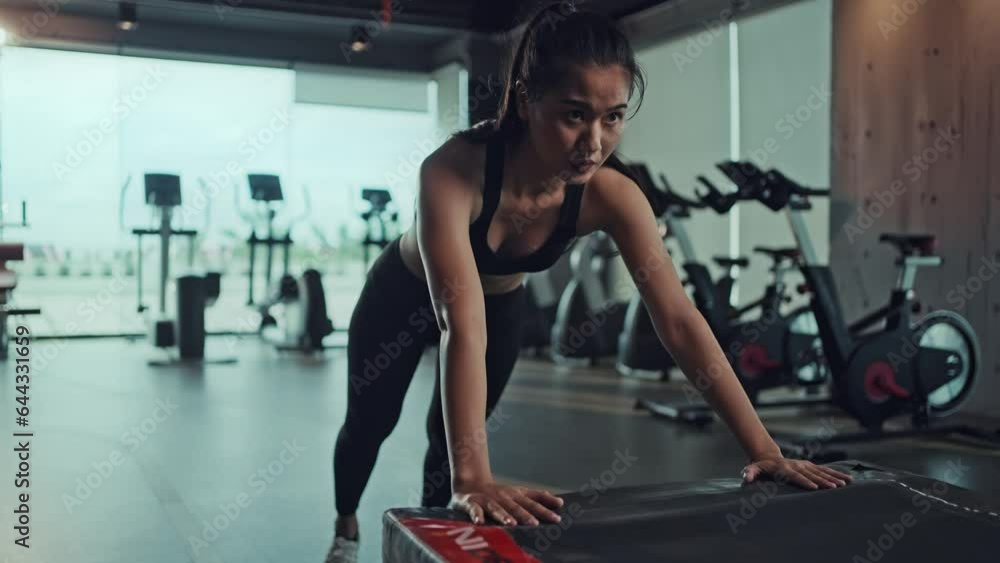Young woman doing mountain climber exercise at gym. Health and lifestyle concept. Young woman doing mountain climber exercise at gym. Health and lifestyle concept.