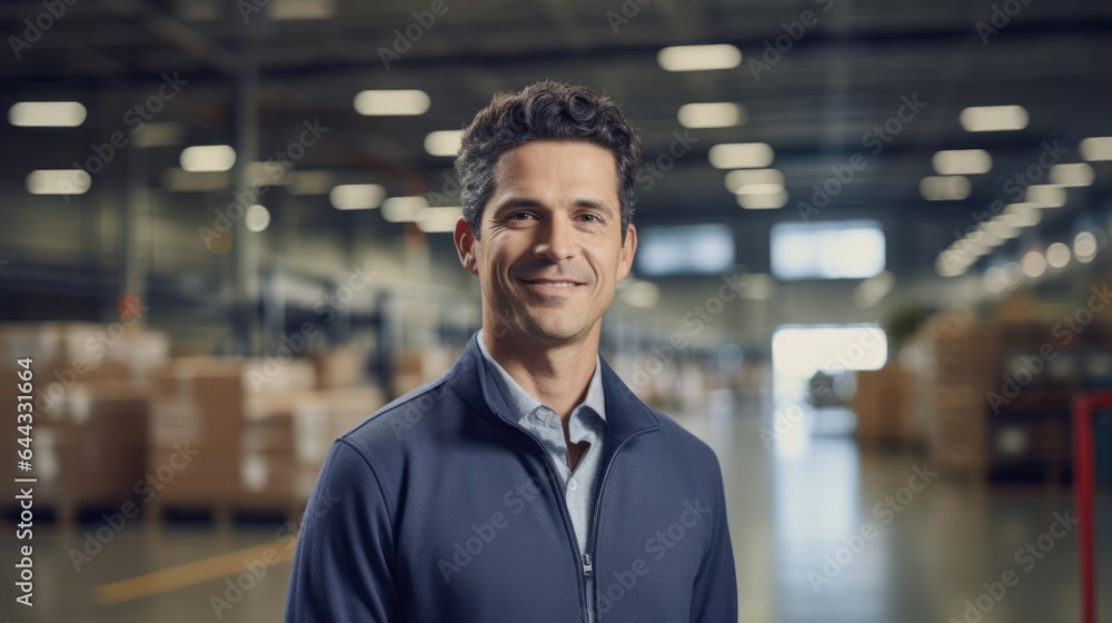 Fototapeta premium Portrait of a male industrial engineer at a supply chain conference presenting strategies for process improvement