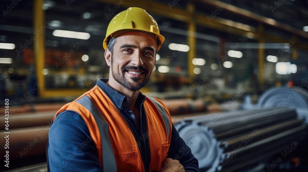 Portrait of a male industrial engineer in a bustling manufacturing plant optimizing production processes Portrait of a male industrial engineer in a bustling manufacturing plant optimizing production processes
