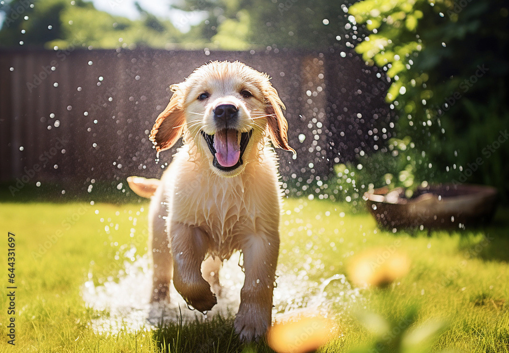Cute Golden Retriever puppy playing with garden sprinkler water - obrazy, fototapety, plakaty 