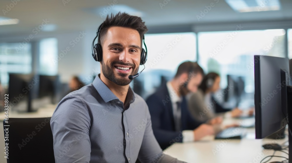 Fototapeta premium Portrait of a male IT support specialist at a helpdesk patiently guiding users through technology challenges