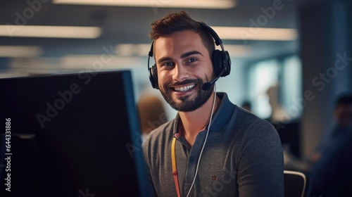 Photo Portrait of a male IT support specialist at a helpdesk patiently guiding users t