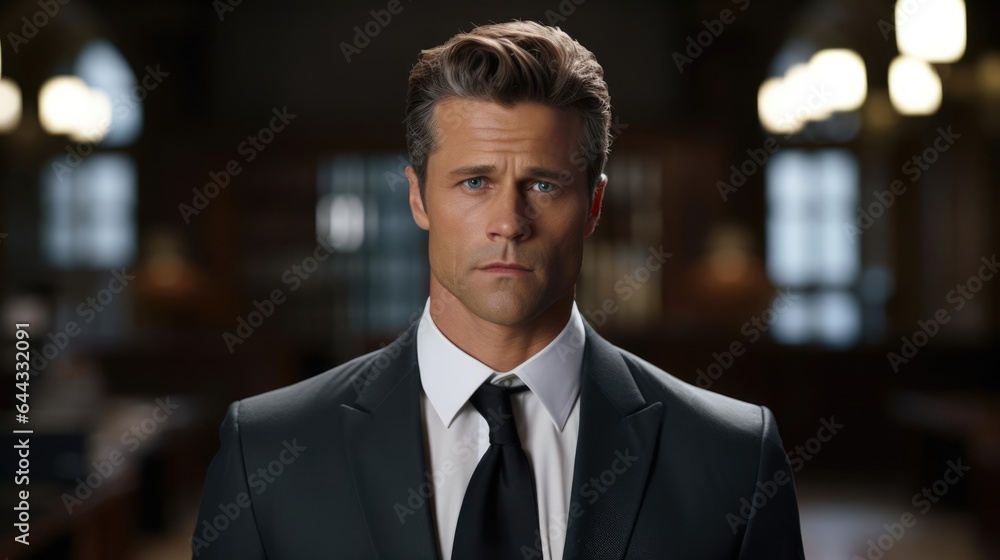 Portrait of a male lawyer at a courtroom podium eloquently presenting his legal case Portrait of a male lawyer at a courtroom podium eloquently presenting his legal case