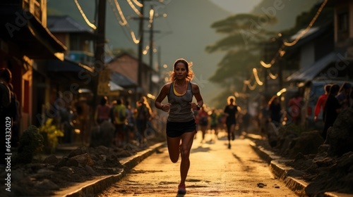 Asian marathon runner is running in the morning sunrise at Nepal.